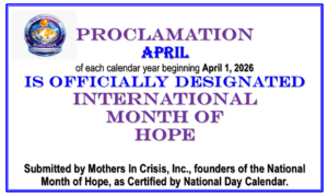 Proclamation poster declaring April officially designated International Month of Hope, with a logo on the left.